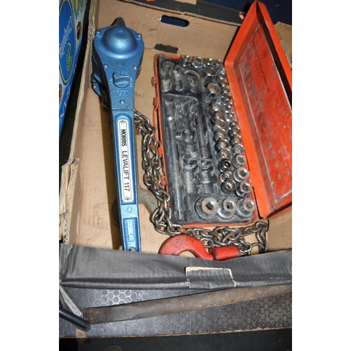 1085 - THREE TRAYS CONTAINING AUTOMOTIVE PARTS AND TOOLS including an AUD 13  carburettor, GEC and Lucas he... 