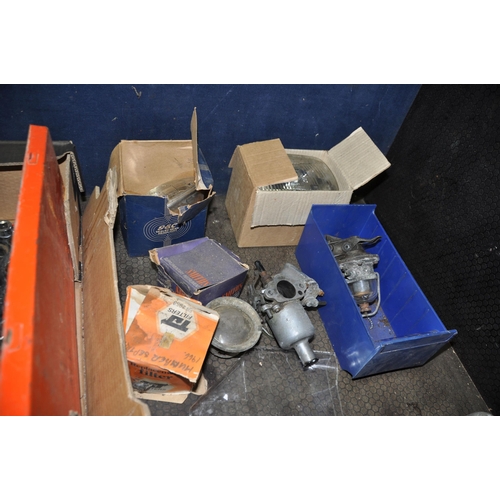 1085 - THREE TRAYS CONTAINING AUTOMOTIVE PARTS AND TOOLS including an AUD 13  carburettor, GEC and Lucas he... 