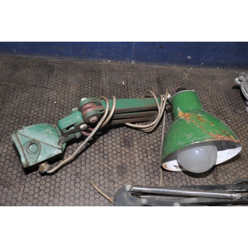 1086 - TWO ARTICULATED WORKSHOP LAMPS AND TWO OUTDOOR LAMPS including a green painted lam with four knuckle... 