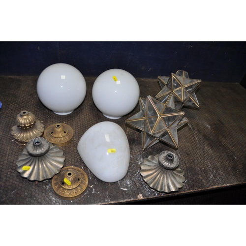 1102 - A BOX CONTAINING LIGHT SHADES AND FITTINGS including five globe shades and five brass fittings (one ... 