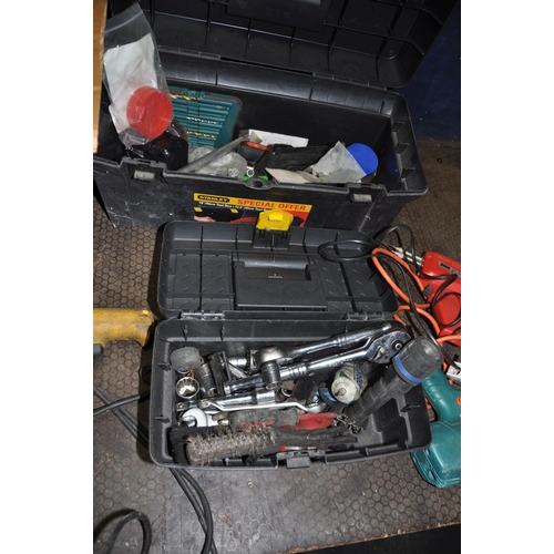 1112 - A BOX AND TWO PLASTIC TOOLBOXES CONTAINING TOOLS including a Black and Decker jigsaw, a debadged dri... 