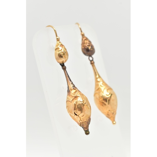 1 - A PAIR OF LATE 19TH CENTURY EARRINGS WITH ANTIQUE EARRING CASE, each ear pendant designed as a hollo... 