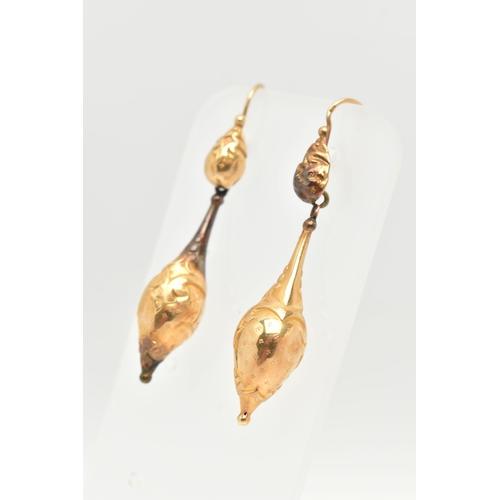 1 - A PAIR OF LATE 19TH CENTURY EARRINGS WITH ANTIQUE EARRING CASE, each ear pendant designed as a hollo... 