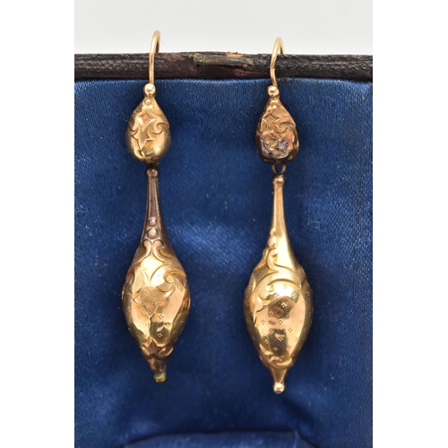 1 - A PAIR OF LATE 19TH CENTURY EARRINGS WITH ANTIQUE EARRING CASE, each ear pendant designed as a hollo... 