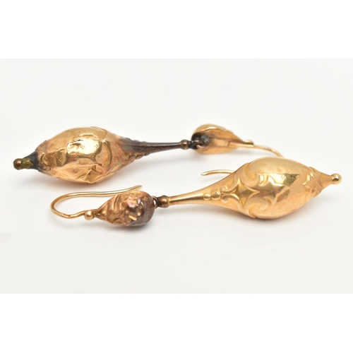 1 - A PAIR OF LATE 19TH CENTURY EARRINGS WITH ANTIQUE EARRING CASE, each ear pendant designed as a hollo... 