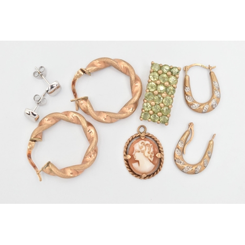 17 - AN ASSORTMENT OF 9CT AND YELLOW METAL JEWELLERY, to include a yellow gold and peridot pendant, hallm... 