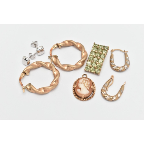 17 - AN ASSORTMENT OF 9CT AND YELLOW METAL JEWELLERY, to include a yellow gold and peridot pendant, hallm... 