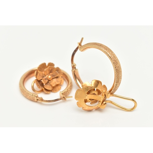 18 - TWO PAIRS OF GOLD EARRINGS, the first a pair of yellow gold hoops with textured detail, fitted with ... 