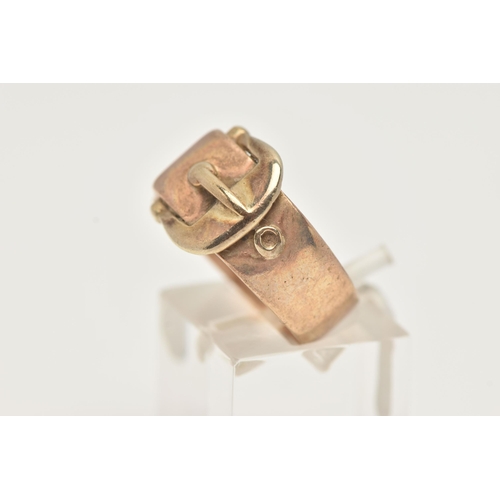 27 - A 9CT GOLD BUCKLE RING, a rose gold ring with buckle design detail, approximate width 12mm, hallmark... 