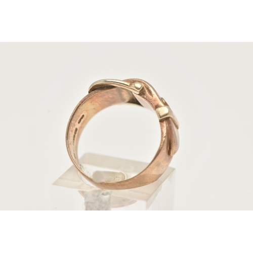 27 - A 9CT GOLD BUCKLE RING, a rose gold ring with buckle design detail, approximate width 12mm, hallmark... 