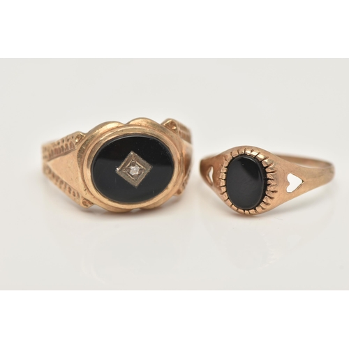 29 - TWO 9CT GOLD SIGNET RINGS, the first a gents oval signet ring set with onyx and cubic zirconia, hall... 