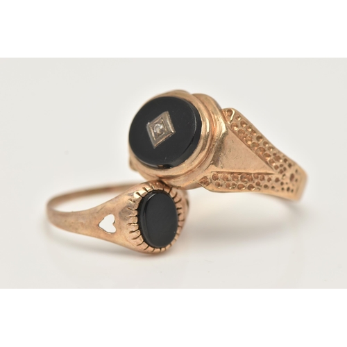 29 - TWO 9CT GOLD SIGNET RINGS, the first a gents oval signet ring set with onyx and cubic zirconia, hall... 