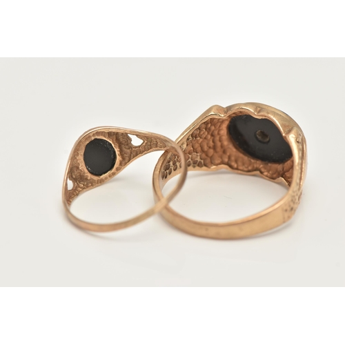 29 - TWO 9CT GOLD SIGNET RINGS, the first a gents oval signet ring set with onyx and cubic zirconia, hall... 