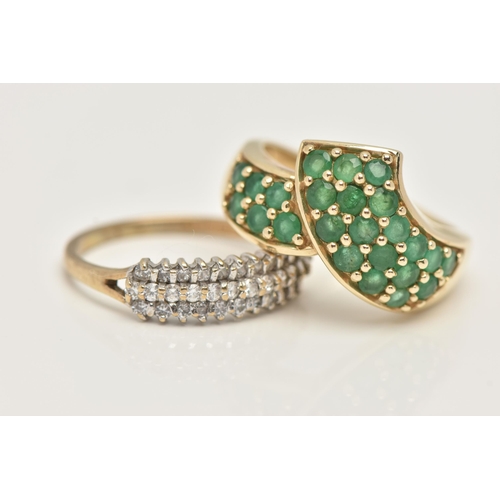 31 - TWO GEM SET RINGS, the first a cross over yellow gold ring pave set with twenty four circular cut em... 