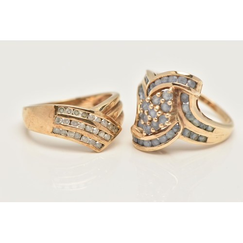 32 - TWO GEM SET RINGS, the first a dress ring designed as a cluster of circular cut blue topaz with a su... 