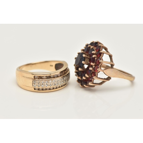 34 - TWO 9CT GOLD GEM SET RINGS, the first a large circular form cluster ring, set with circular cut garn... 