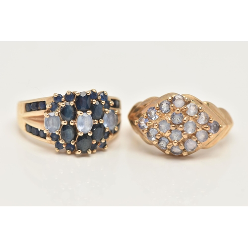 35 - TWO 9CT GOLD GEM SET RINGS, the first of a marquise cluster form, set with circular cut pale purple ... 