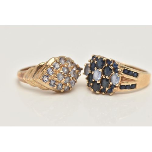 35 - TWO 9CT GOLD GEM SET RINGS, the first of a marquise cluster form, set with circular cut pale purple ... 