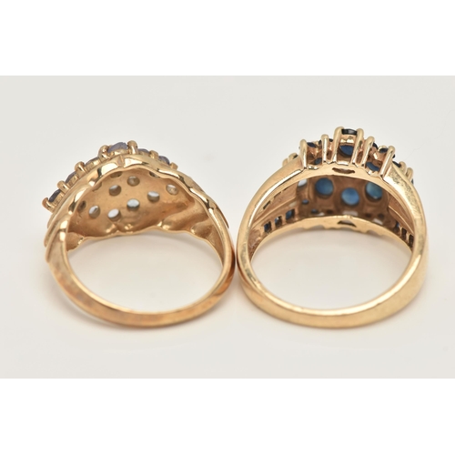 35 - TWO 9CT GOLD GEM SET RINGS, the first of a marquise cluster form, set with circular cut pale purple ... 