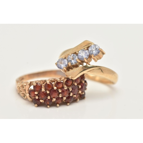 37 - TWO 9CT GOLD GEM SET RINGS, the first of a cross over design, with an asymmetrical row of four circu... 