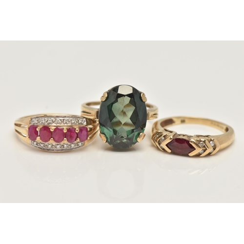 39 - THREE GEM SET RINGS, to include a ruby and diamond ring, hallmarked 9ct Birmingham, ring size R, the... 