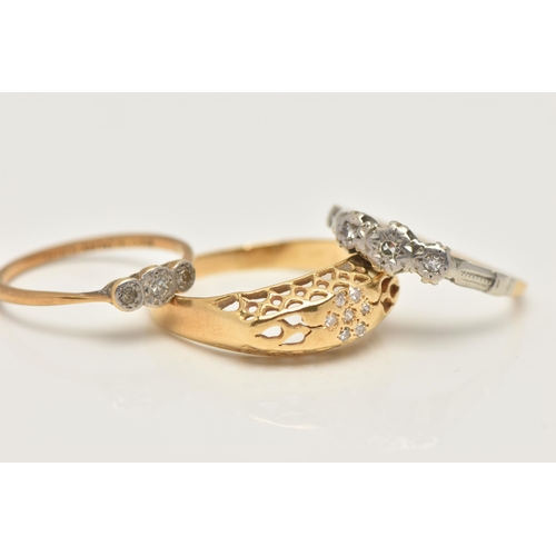 42 - THREE DIAMOND SET RINGS, the first an 18ct gold open work ring, set with a small cluster of single c... 