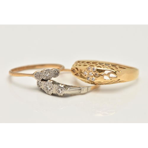 42 - THREE DIAMOND SET RINGS, the first an 18ct gold open work ring, set with a small cluster of single c... 