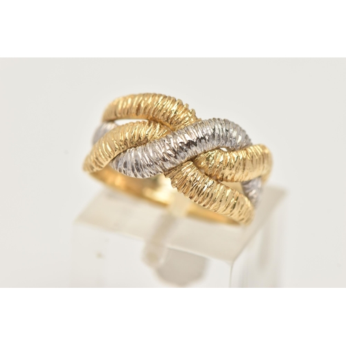 43 - AN 18CT BI-COLOUR GOLD RING, yellow and white gold textured bands interwoven, hallmarked 18ct London... 