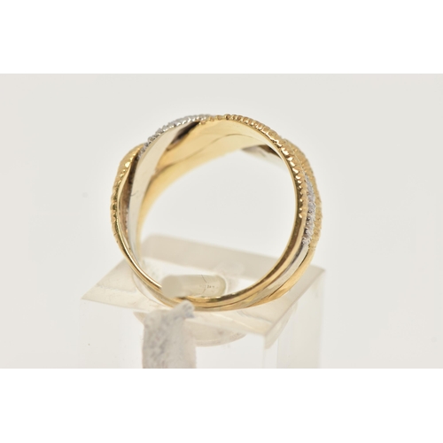 43 - AN 18CT BI-COLOUR GOLD RING, yellow and white gold textured bands interwoven, hallmarked 18ct London... 