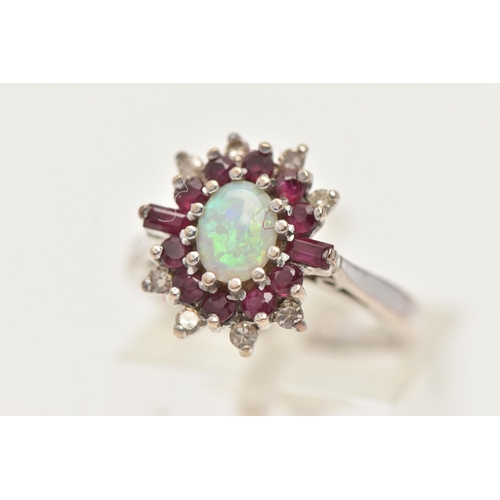 44 - AN 18CT WHITE GOLD OPAL, RUBY AND DIAMOND CLUSTER RING, of an oval form, set with a central oval cut... 