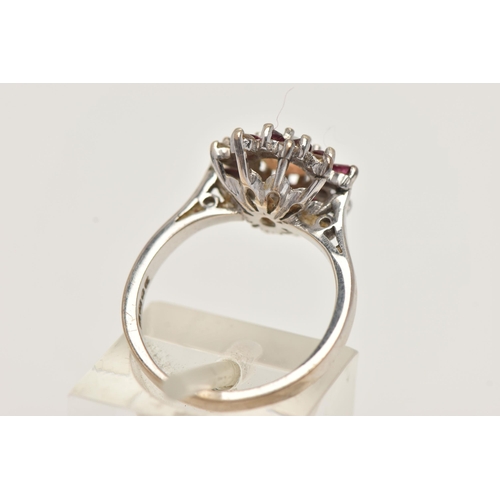 44 - AN 18CT WHITE GOLD OPAL, RUBY AND DIAMOND CLUSTER RING, of an oval form, set with a central oval cut... 