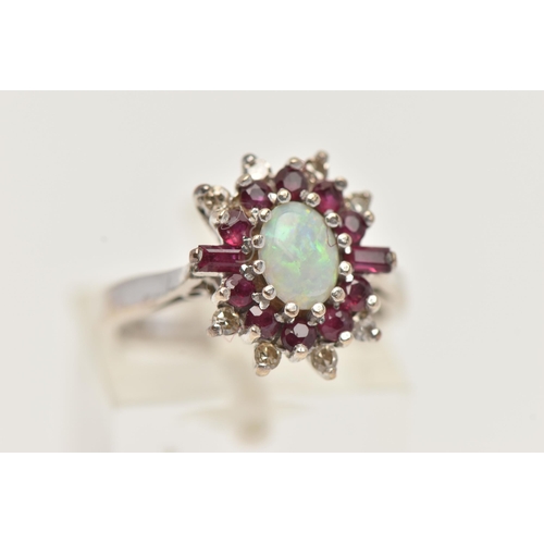 44 - AN 18CT WHITE GOLD OPAL, RUBY AND DIAMOND CLUSTER RING, of an oval form, set with a central oval cut... 