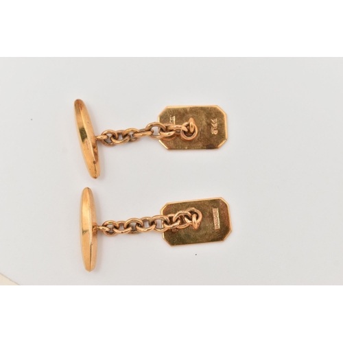 46 - A PAIR OF 9CT GOLD CUFFLINKS, each designed as a canted rectangular panel with banded detail to the ... 