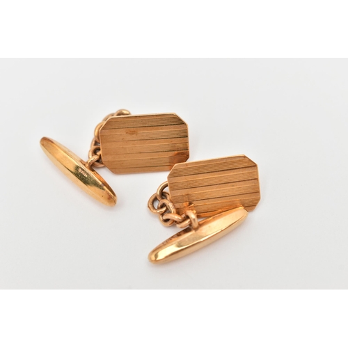 46 - A PAIR OF 9CT GOLD CUFFLINKS, each designed as a canted rectangular panel with banded detail to the ... 