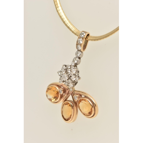 48 - A CITRINE AND DIAMOND PENDANT ON A CHAIN NECKLACE, the pendant designed as a central cluster of bril... 