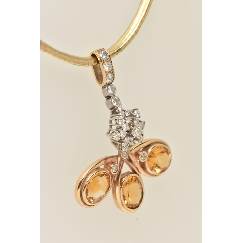 48 - A CITRINE AND DIAMOND PENDANT ON A CHAIN NECKLACE, the pendant designed as a central cluster of bril... 