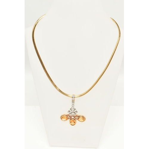 48 - A CITRINE AND DIAMOND PENDANT ON A CHAIN NECKLACE, the pendant designed as a central cluster of bril... 