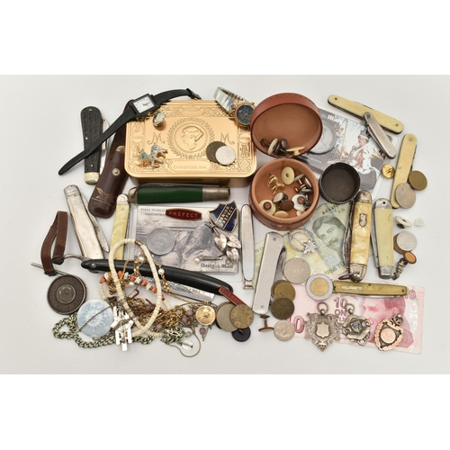 131 - A BOX OF ASSORTED ITEMS, to include two silver medals, hallmarked Birmingham, approximate gross weig... 