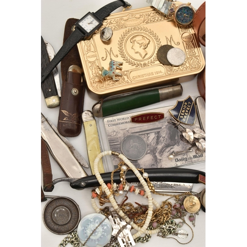 131 - A BOX OF ASSORTED ITEMS, to include two silver medals, hallmarked Birmingham, approximate gross weig... 