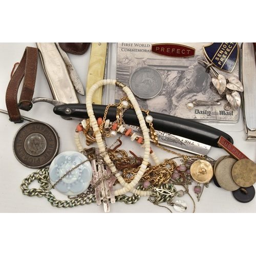 131 - A BOX OF ASSORTED ITEMS, to include two silver medals, hallmarked Birmingham, approximate gross weig... 