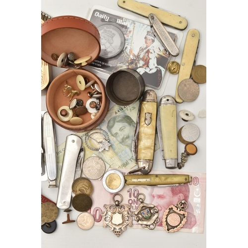 131 - A BOX OF ASSORTED ITEMS, to include two silver medals, hallmarked Birmingham, approximate gross weig... 