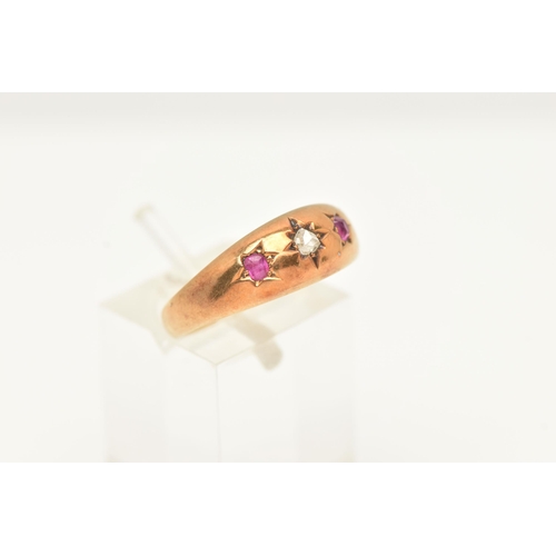 56 - A LATE VICTORIAN 15CT GOLD DIAMOND AND RUBY THREE STONE RING, set with a rose cut diamond and two cu... 