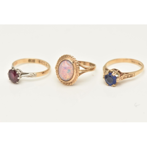 61 - THREE 9CT GOLD GEM-SET RINGS, to include a 1950s garnet ring, set with a circular shape garnet gem, ... 