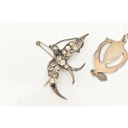 65 - AN EARLY 20TH CENTURY PASTE SWALLOW BROOCH TOGETHER WITH A PENDANT, the brooch designed as a swallow... 