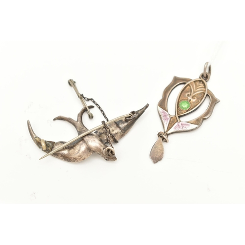 65 - AN EARLY 20TH CENTURY PASTE SWALLOW BROOCH TOGETHER WITH A PENDANT, the brooch designed as a swallow... 