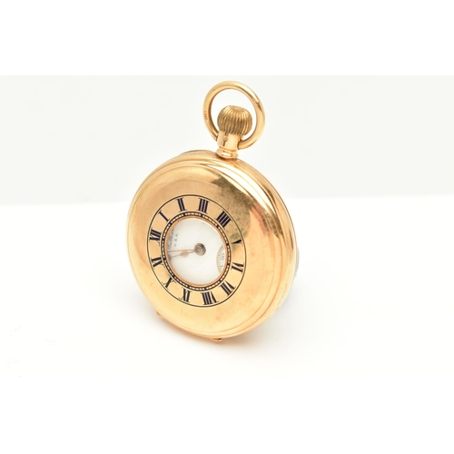 66 - AN 18CT GOLD EARLY 20TH CENTURY WALTHAM, TOP WIND HALF HUNTER POCKET WATCH, the white ceramic dial, ... 