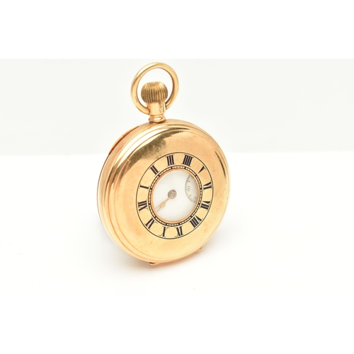 66 - AN 18CT GOLD EARLY 20TH CENTURY WALTHAM, TOP WIND HALF HUNTER POCKET WATCH, the white ceramic dial, ... 