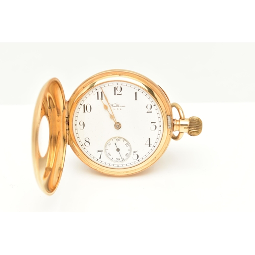 66 - AN 18CT GOLD EARLY 20TH CENTURY WALTHAM, TOP WIND HALF HUNTER POCKET WATCH, the white ceramic dial, ... 