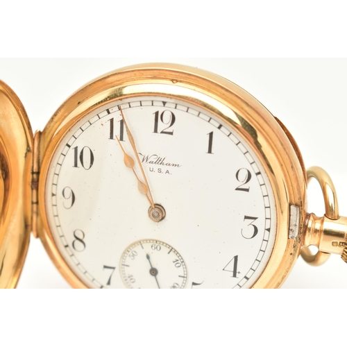 66 - AN 18CT GOLD EARLY 20TH CENTURY WALTHAM, TOP WIND HALF HUNTER POCKET WATCH, the white ceramic dial, ... 