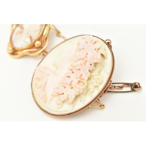 67 - A 19TH CENTURY HIGH RELIEF PINK AND WHITE CONCH SHELL CAMEO BROOCH AND A LATE 19TH CENTURY SHELL CAM... 